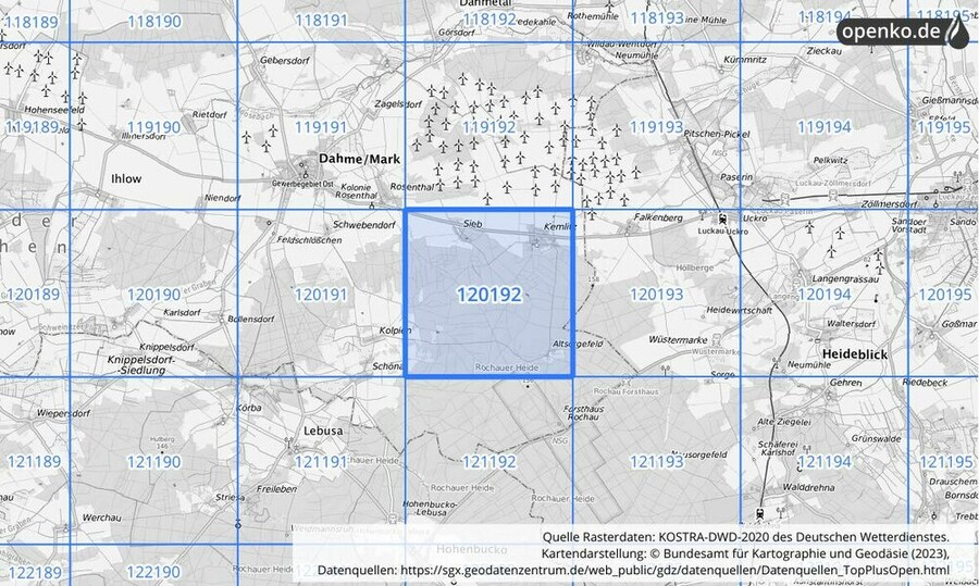 Übersichtskarte des KOSTRA-DWD-2020-Rasterfeldes Nr. 120192