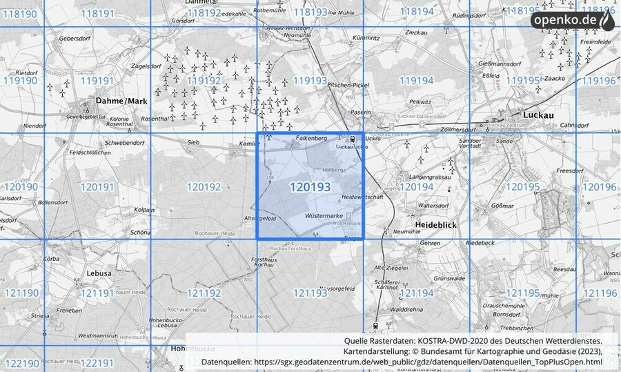 Übersichtskarte des KOSTRA-DWD-2020-Rasterfeldes Nr. 120193