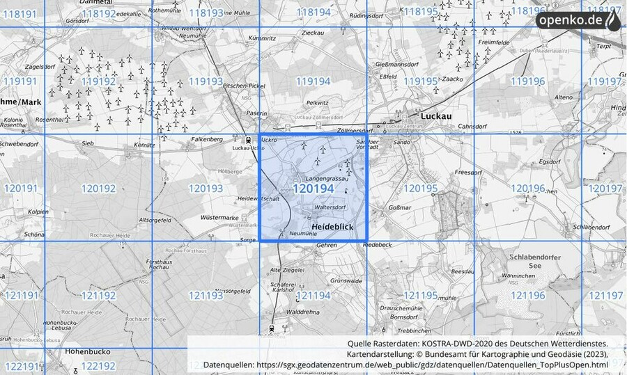 Übersichtskarte des KOSTRA-DWD-2020-Rasterfeldes Nr. 120194