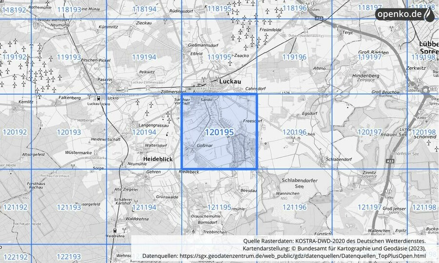 Übersichtskarte des KOSTRA-DWD-2020-Rasterfeldes Nr. 120195