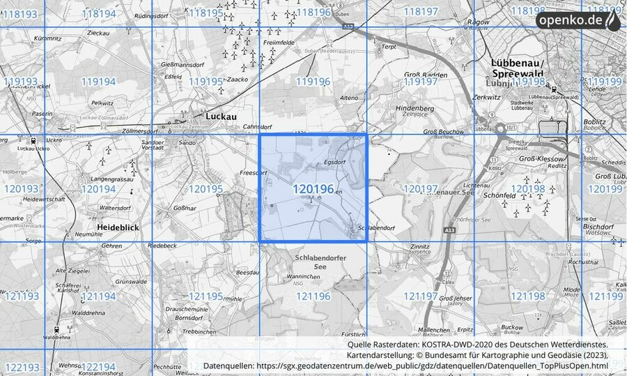 Übersichtskarte des KOSTRA-DWD-2020-Rasterfeldes Nr. 120196