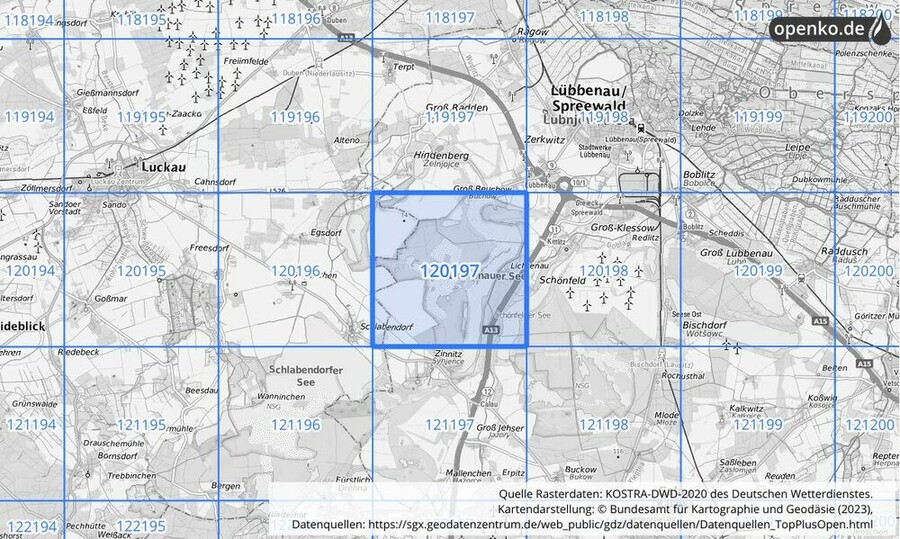 Übersichtskarte des KOSTRA-DWD-2020-Rasterfeldes Nr. 120197