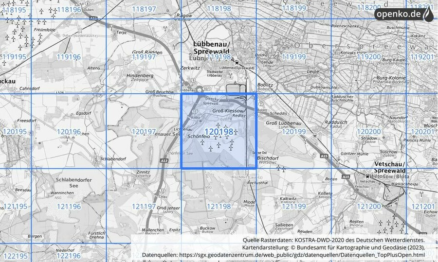 Übersichtskarte des KOSTRA-DWD-2020-Rasterfeldes Nr. 120198