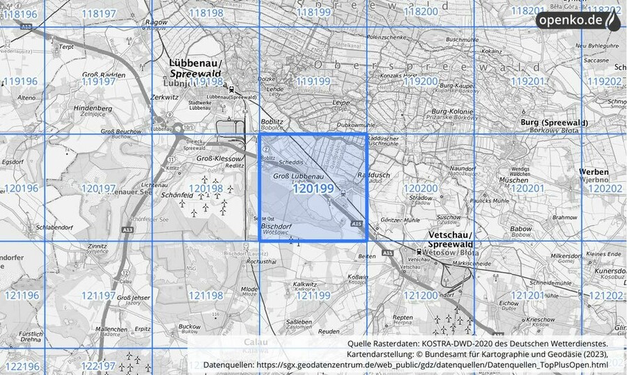 Übersichtskarte des KOSTRA-DWD-2020-Rasterfeldes Nr. 120199