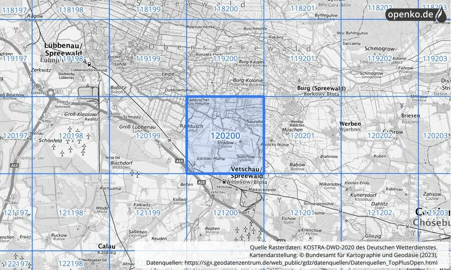 Übersichtskarte des KOSTRA-DWD-2020-Rasterfeldes Nr. 120200