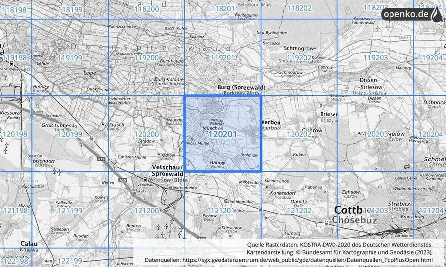 Übersichtskarte des KOSTRA-DWD-2020-Rasterfeldes Nr. 120201