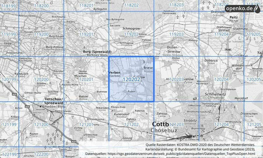 Übersichtskarte des KOSTRA-DWD-2020-Rasterfeldes Nr. 120202