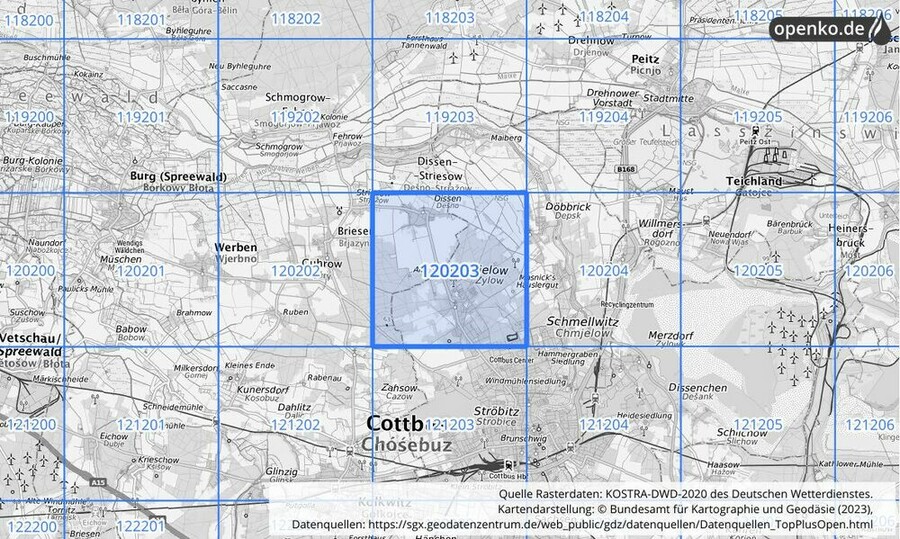 Übersichtskarte des KOSTRA-DWD-2020-Rasterfeldes Nr. 120203