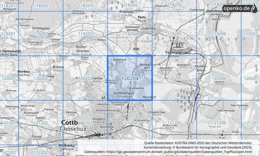 Übersichtskarte des KOSTRA-DWD-2020-Rasterfeldes Nr. 120204