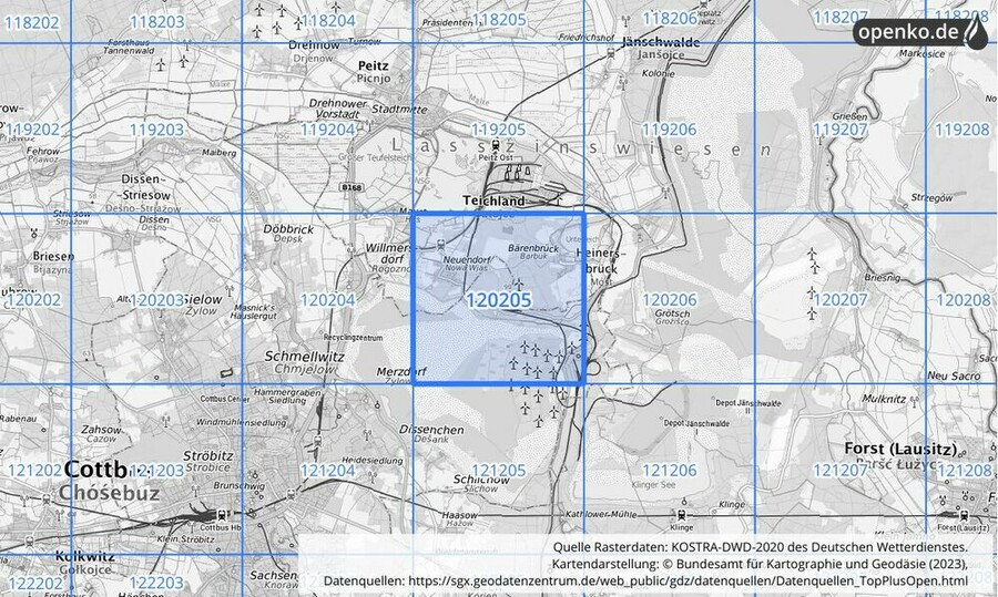 Übersichtskarte des KOSTRA-DWD-2020-Rasterfeldes Nr. 120205