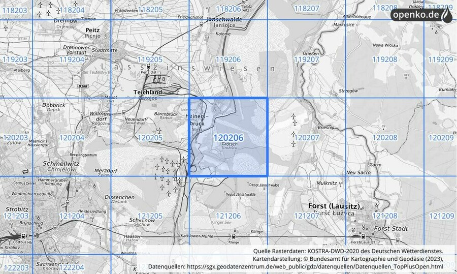 Übersichtskarte des KOSTRA-DWD-2020-Rasterfeldes Nr. 120206