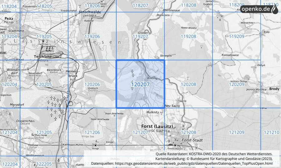 Übersichtskarte des KOSTRA-DWD-2020-Rasterfeldes Nr. 120207