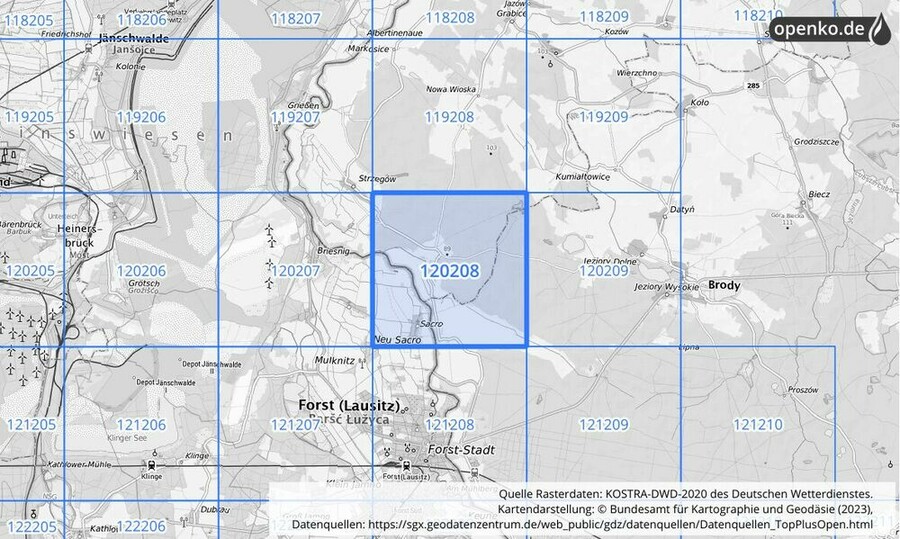 Übersichtskarte des KOSTRA-DWD-2020-Rasterfeldes Nr. 120208