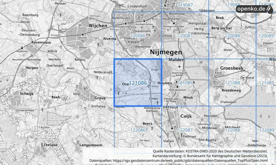 Übersichtskarte des KOSTRA-DWD-2020-Rasterfeldes Nr. 121086