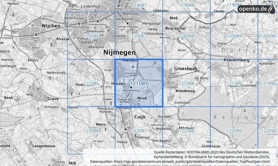 Übersichtskarte des KOSTRA-DWD-2020-Rasterfeldes Nr. 121087