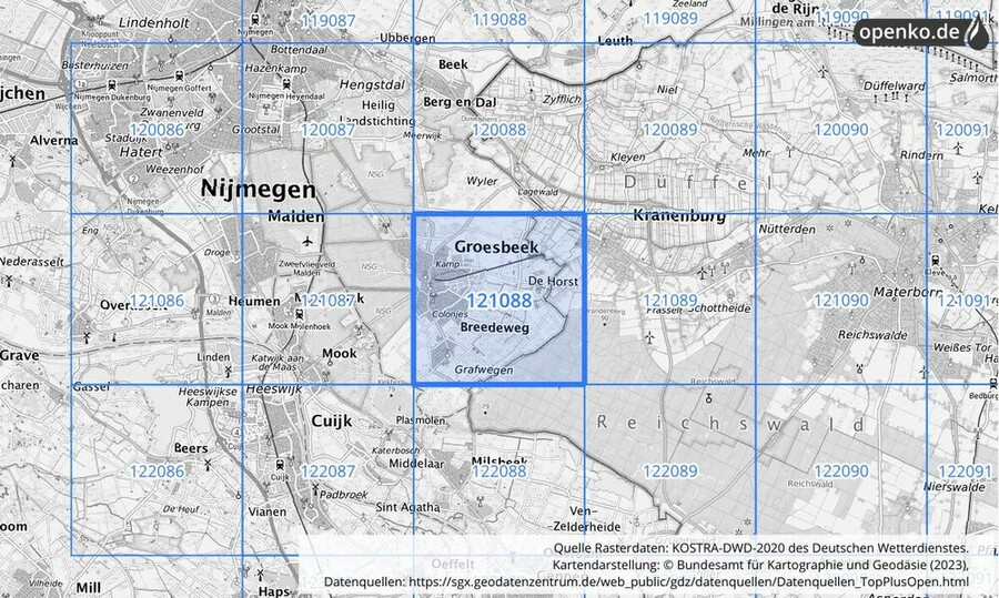 Übersichtskarte des KOSTRA-DWD-2020-Rasterfeldes Nr. 121088