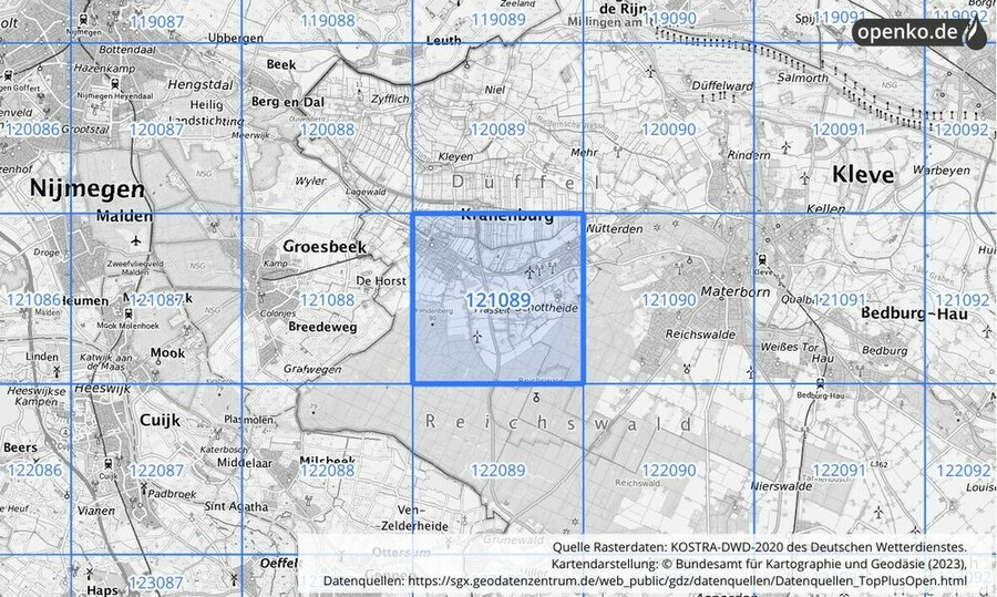 Übersichtskarte des KOSTRA-DWD-2020-Rasterfeldes Nr. 121089