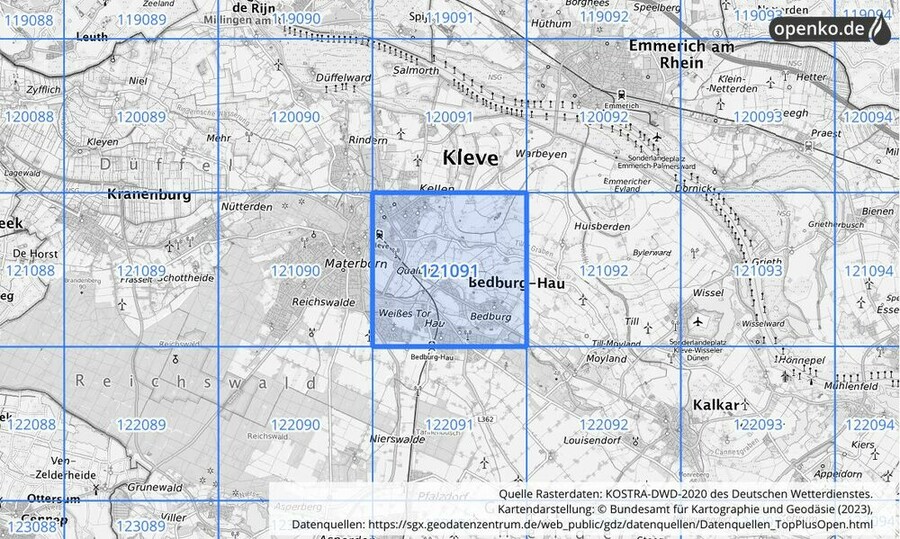 Übersichtskarte des KOSTRA-DWD-2020-Rasterfeldes Nr. 121091