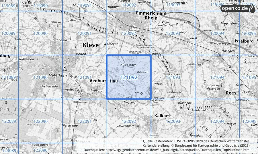 Übersichtskarte des KOSTRA-DWD-2020-Rasterfeldes Nr. 121092