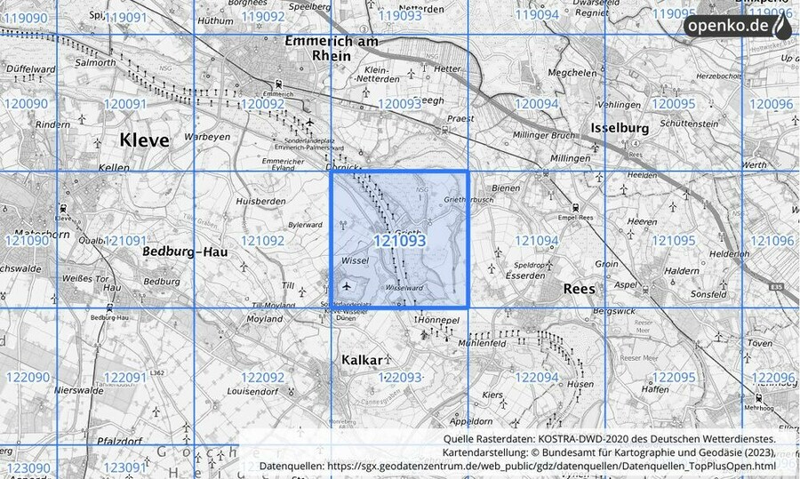 Übersichtskarte des KOSTRA-DWD-2020-Rasterfeldes Nr. 121093