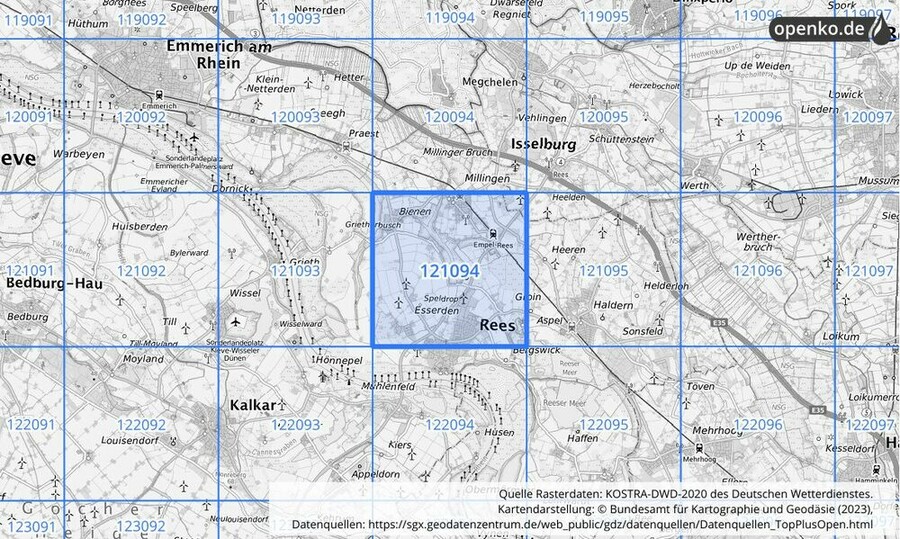 Übersichtskarte des KOSTRA-DWD-2020-Rasterfeldes Nr. 121094