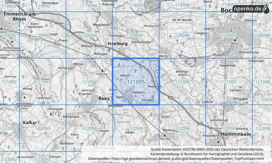 Übersichtskarte des KOSTRA-DWD-2020-Rasterfeldes Nr. 121095