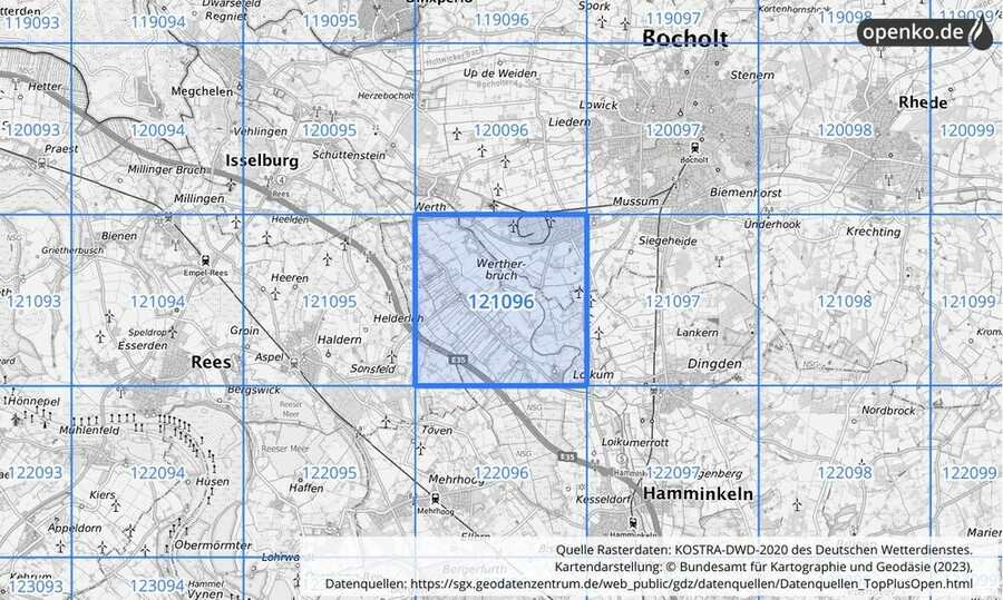 Übersichtskarte des KOSTRA-DWD-2020-Rasterfeldes Nr. 121096