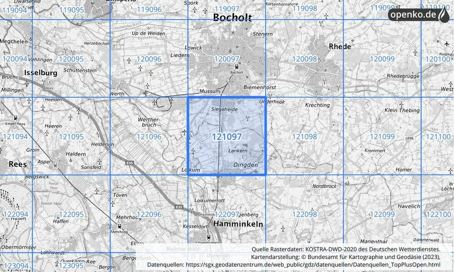 Übersichtskarte des KOSTRA-DWD-2020-Rasterfeldes Nr. 121097