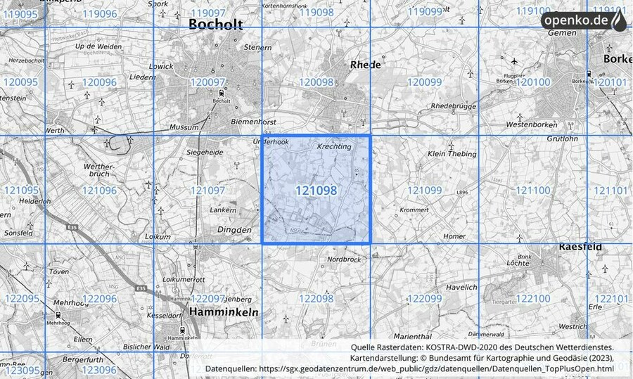 Übersichtskarte des KOSTRA-DWD-2020-Rasterfeldes Nr. 121098