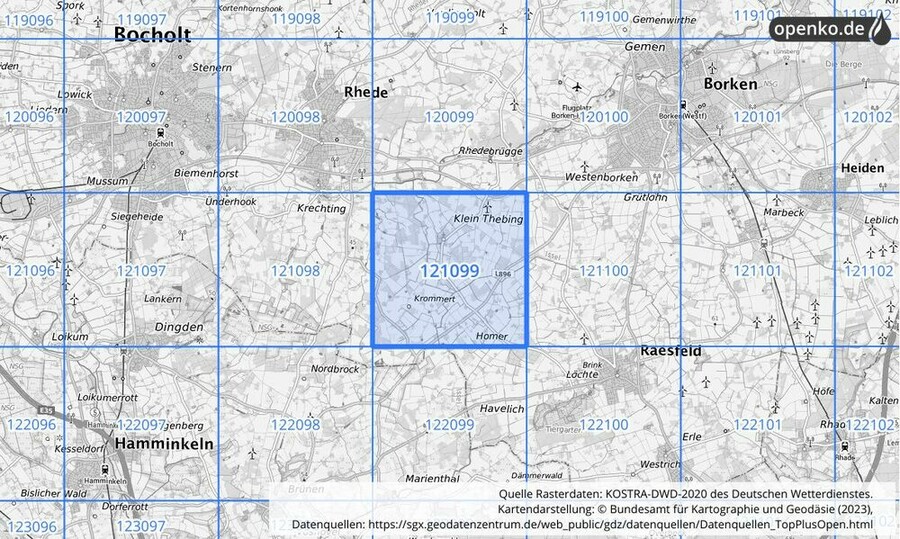 Übersichtskarte des KOSTRA-DWD-2020-Rasterfeldes Nr. 121099