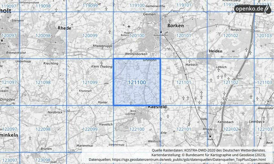 Übersichtskarte des KOSTRA-DWD-2020-Rasterfeldes Nr. 121100