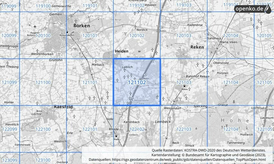 Übersichtskarte des KOSTRA-DWD-2020-Rasterfeldes Nr. 121102