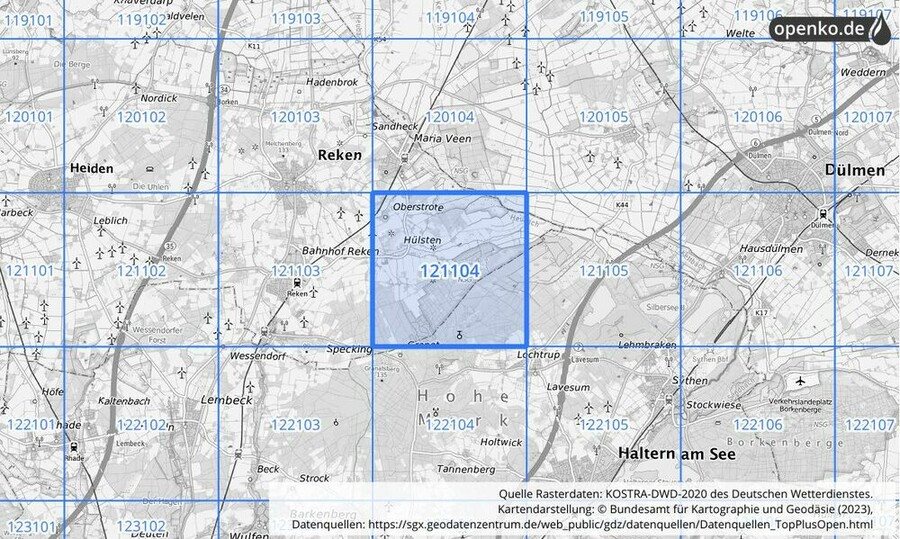 Übersichtskarte des KOSTRA-DWD-2020-Rasterfeldes Nr. 121104