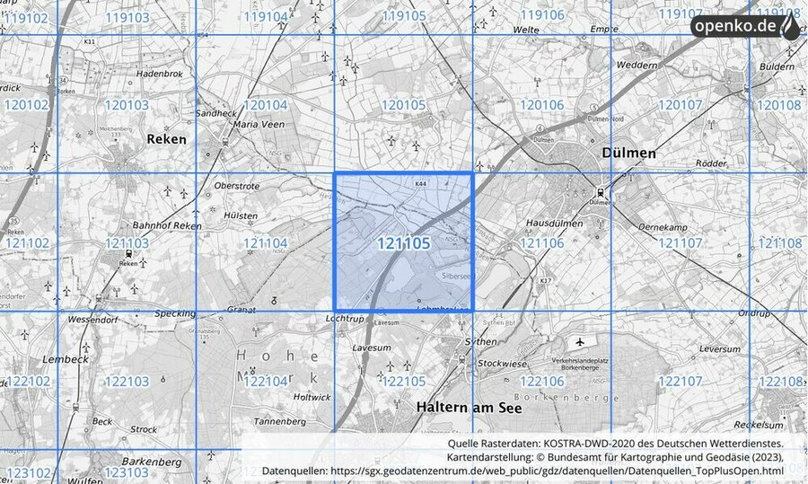 Übersichtskarte des KOSTRA-DWD-2020-Rasterfeldes Nr. 121105