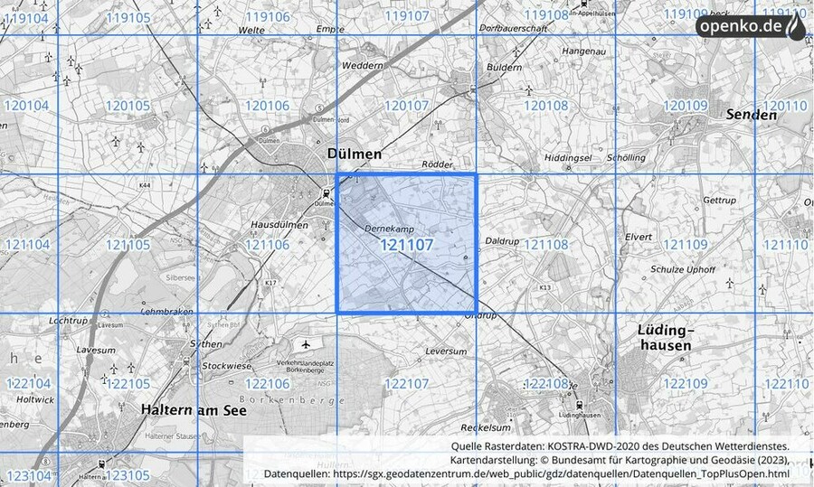 Übersichtskarte des KOSTRA-DWD-2020-Rasterfeldes Nr. 121107