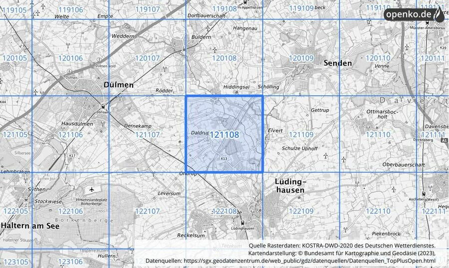 Übersichtskarte des KOSTRA-DWD-2020-Rasterfeldes Nr. 121108