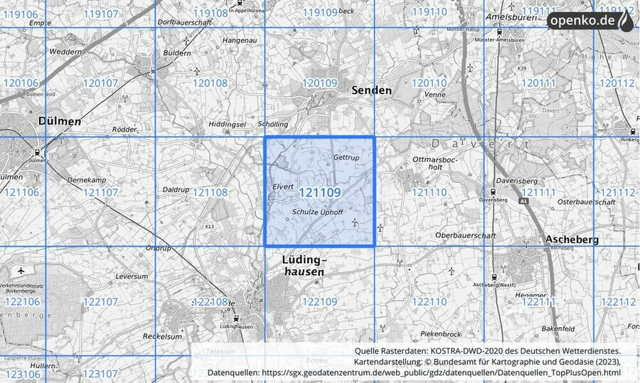 Übersichtskarte des KOSTRA-DWD-2020-Rasterfeldes Nr. 121109