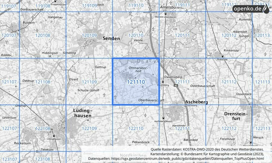 Übersichtskarte des KOSTRA-DWD-2020-Rasterfeldes Nr. 121110