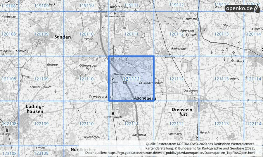 Übersichtskarte des KOSTRA-DWD-2020-Rasterfeldes Nr. 121111