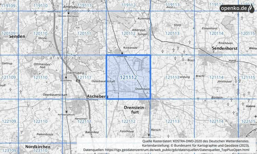 Übersichtskarte des KOSTRA-DWD-2020-Rasterfeldes Nr. 121112