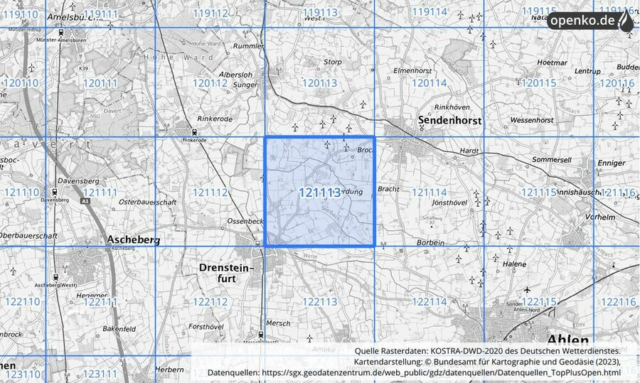 Übersichtskarte des KOSTRA-DWD-2020-Rasterfeldes Nr. 121113