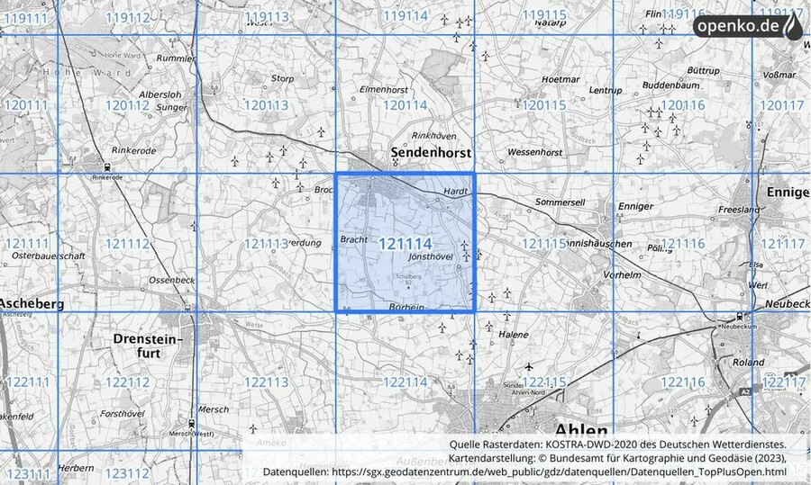 Übersichtskarte des KOSTRA-DWD-2020-Rasterfeldes Nr. 121114