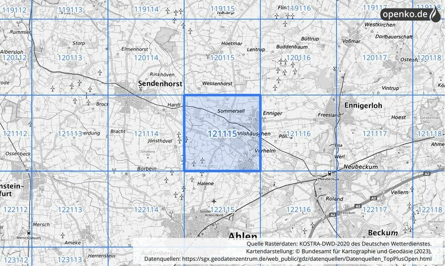 Übersichtskarte des KOSTRA-DWD-2020-Rasterfeldes Nr. 121115