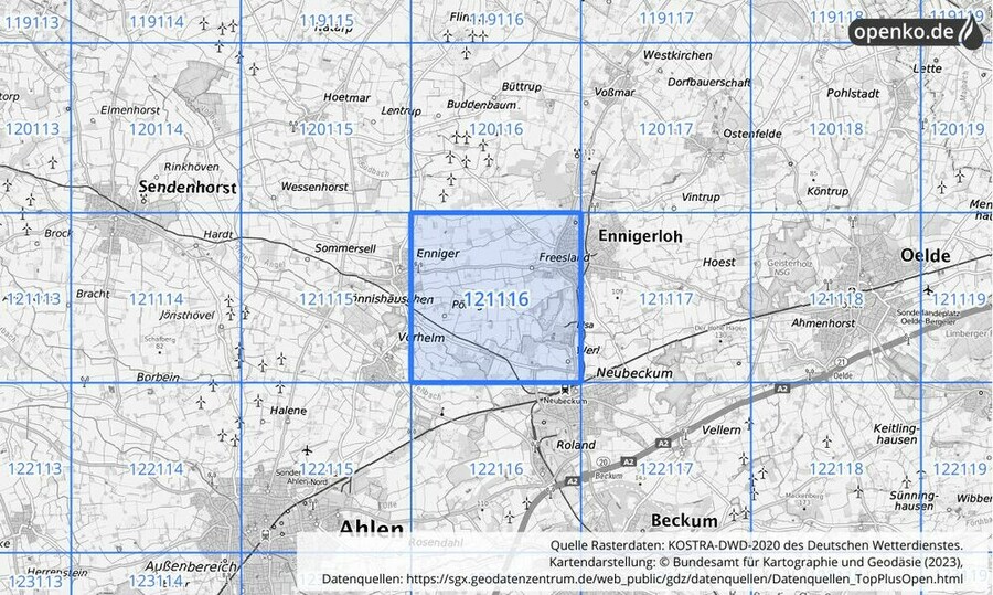 Übersichtskarte des KOSTRA-DWD-2020-Rasterfeldes Nr. 121116