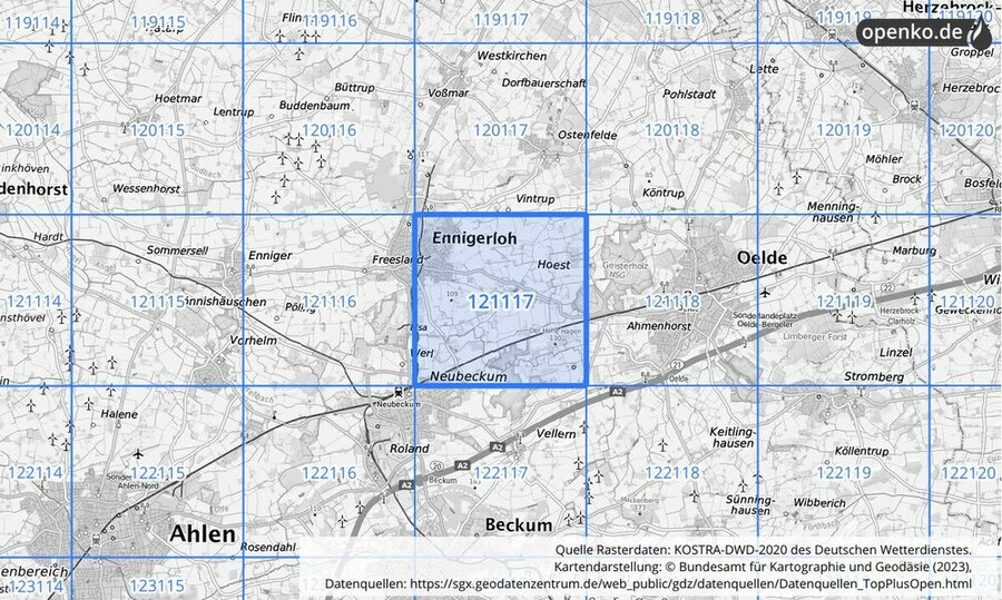 Übersichtskarte des KOSTRA-DWD-2020-Rasterfeldes Nr. 121117