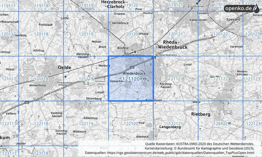 Übersichtskarte des KOSTRA-DWD-2020-Rasterfeldes Nr. 121120