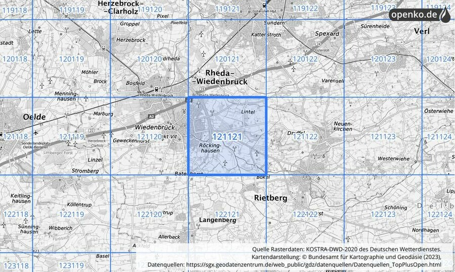 Übersichtskarte des KOSTRA-DWD-2020-Rasterfeldes Nr. 121121