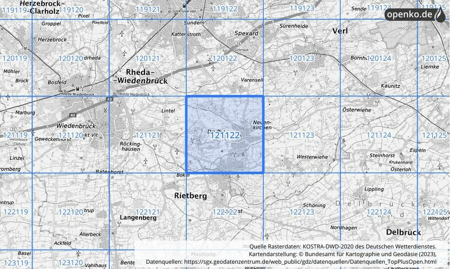 Übersichtskarte des KOSTRA-DWD-2020-Rasterfeldes Nr. 121122