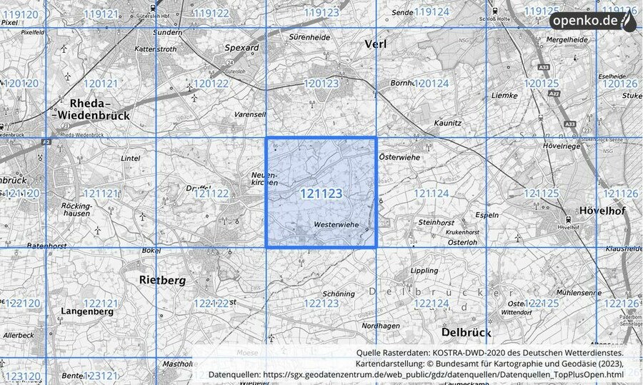 Übersichtskarte des KOSTRA-DWD-2020-Rasterfeldes Nr. 121123