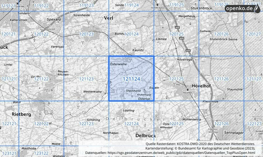 Übersichtskarte des KOSTRA-DWD-2020-Rasterfeldes Nr. 121124